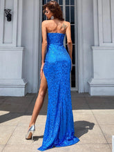 Split Thigh Sequin Tube Blue Maxi Prom Dress